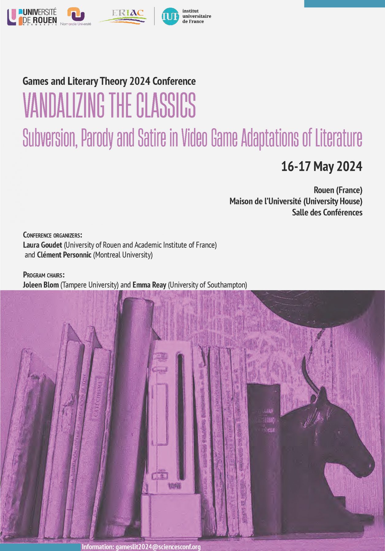 Affiche du colloque "Games and Literary Theory 2024 Conference “Vandalizing the Classics: Subversion, Parody and Satire in Video Game Adaptations of Literature”"