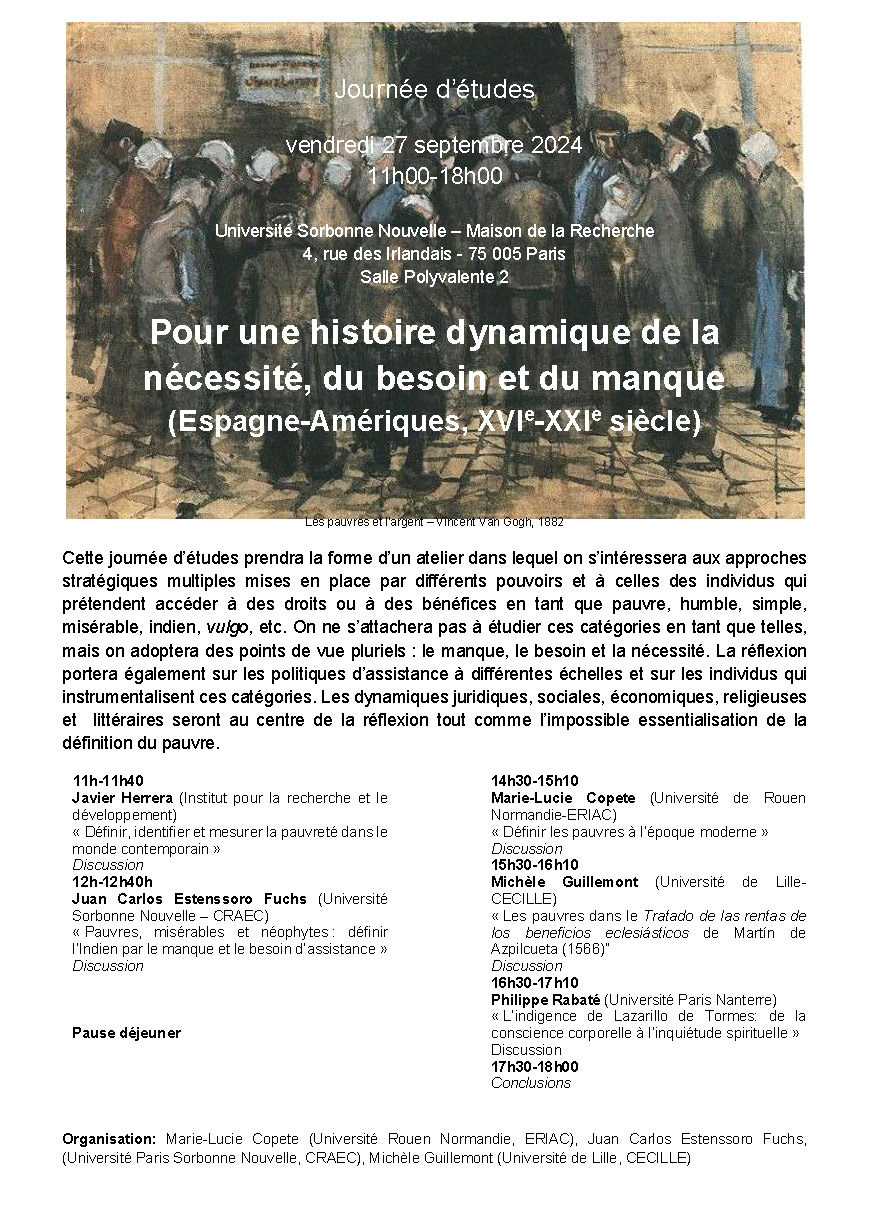 Affiche de la journée d'étude "Pour une histoire dynamique de la nécessité, du besoin et du manque (Espagne-Amériques, XVIe-XXIe siècle)"