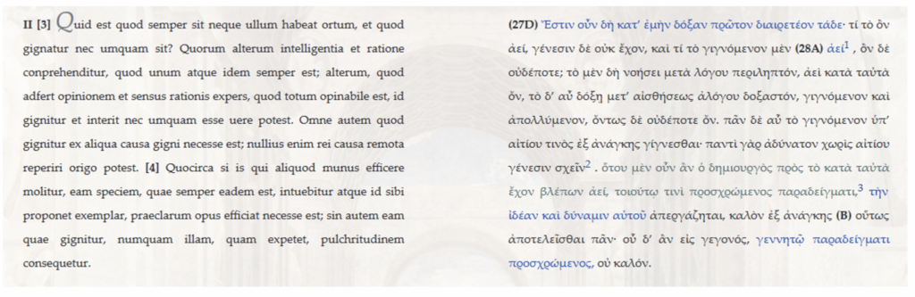 Capture d'écran du système d'annotation de l'édition critique numérique du "Timæus" de Cicéron