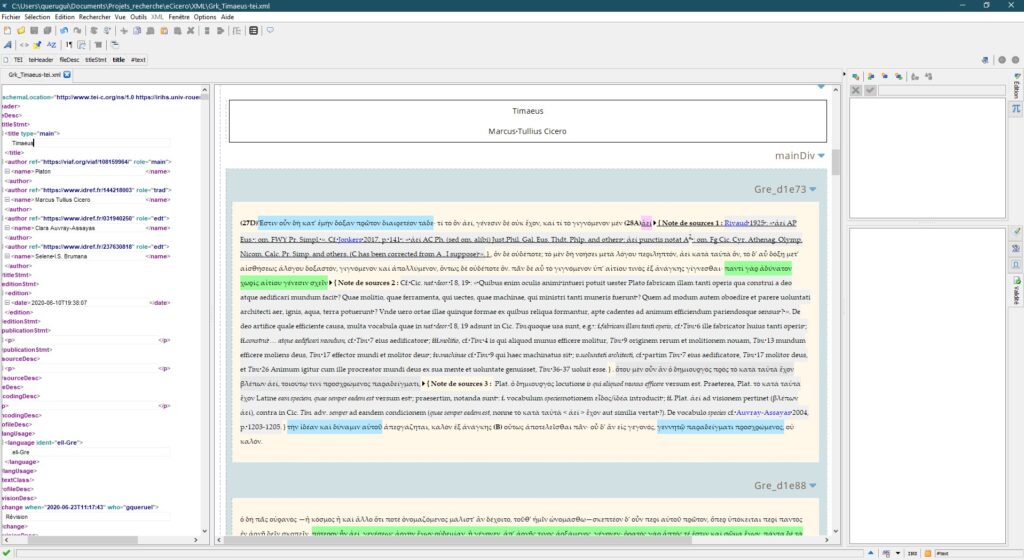 Capture d'écran de l'environnement XML pour l'édition critique numérique du "Timæus" de Cicéron