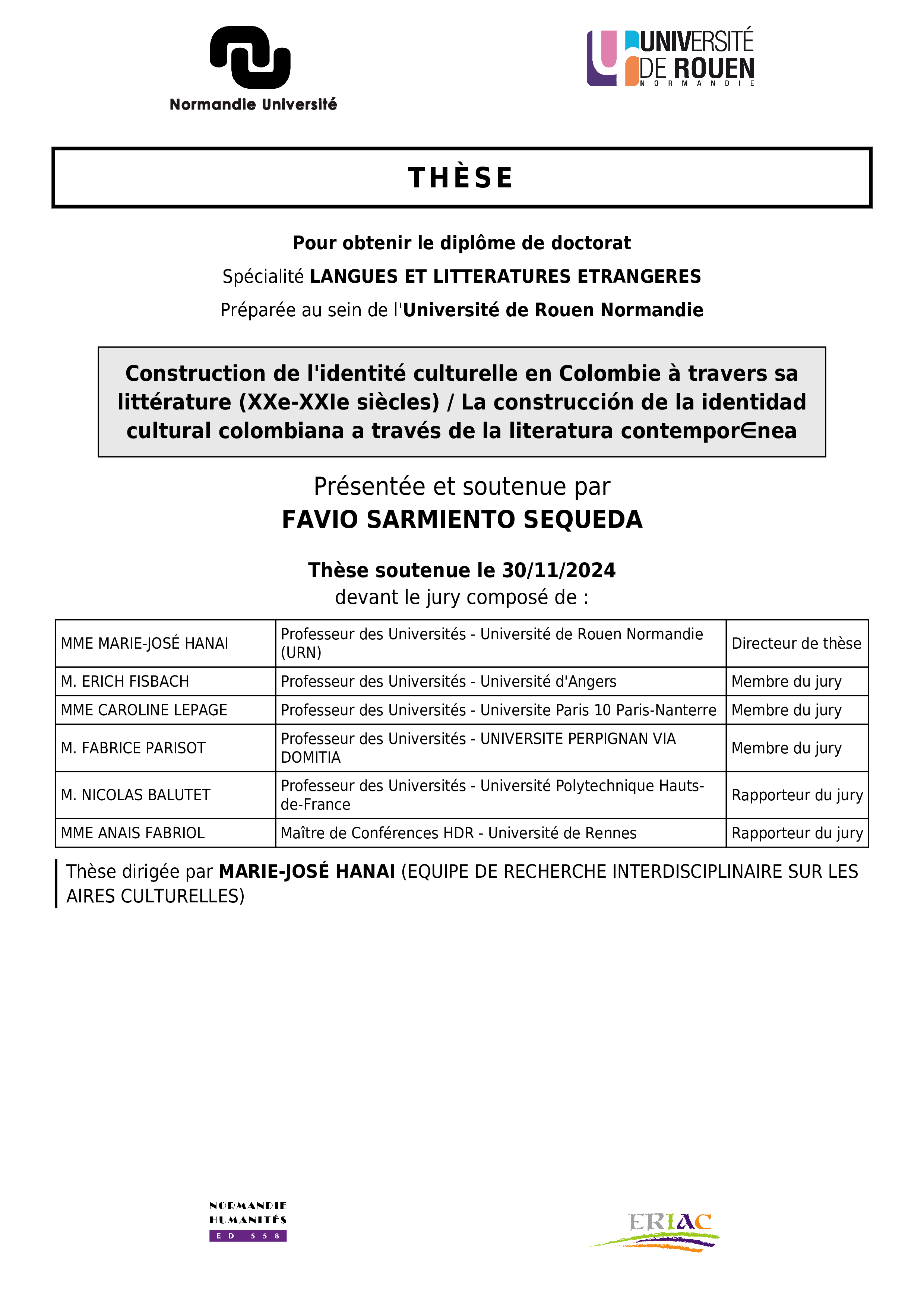 Couverture de la thèse de Favio Sarmiento Sequeda