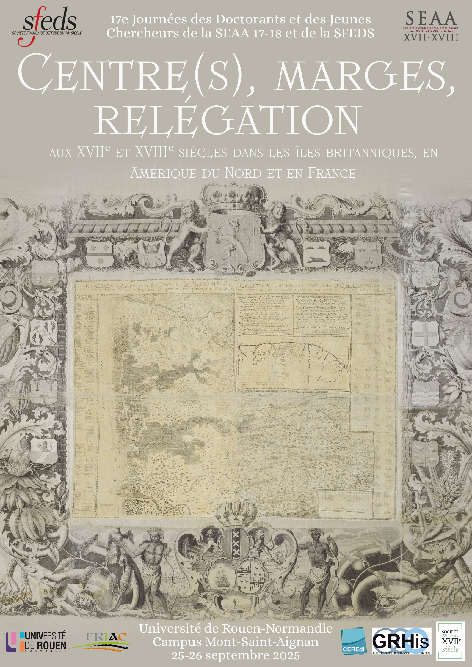 Affiche des journées "Centre(s), marges, relégation aux XVIIe et XVIIIe siècles dans les îles britanniques, en Amérique du Nord et en France"