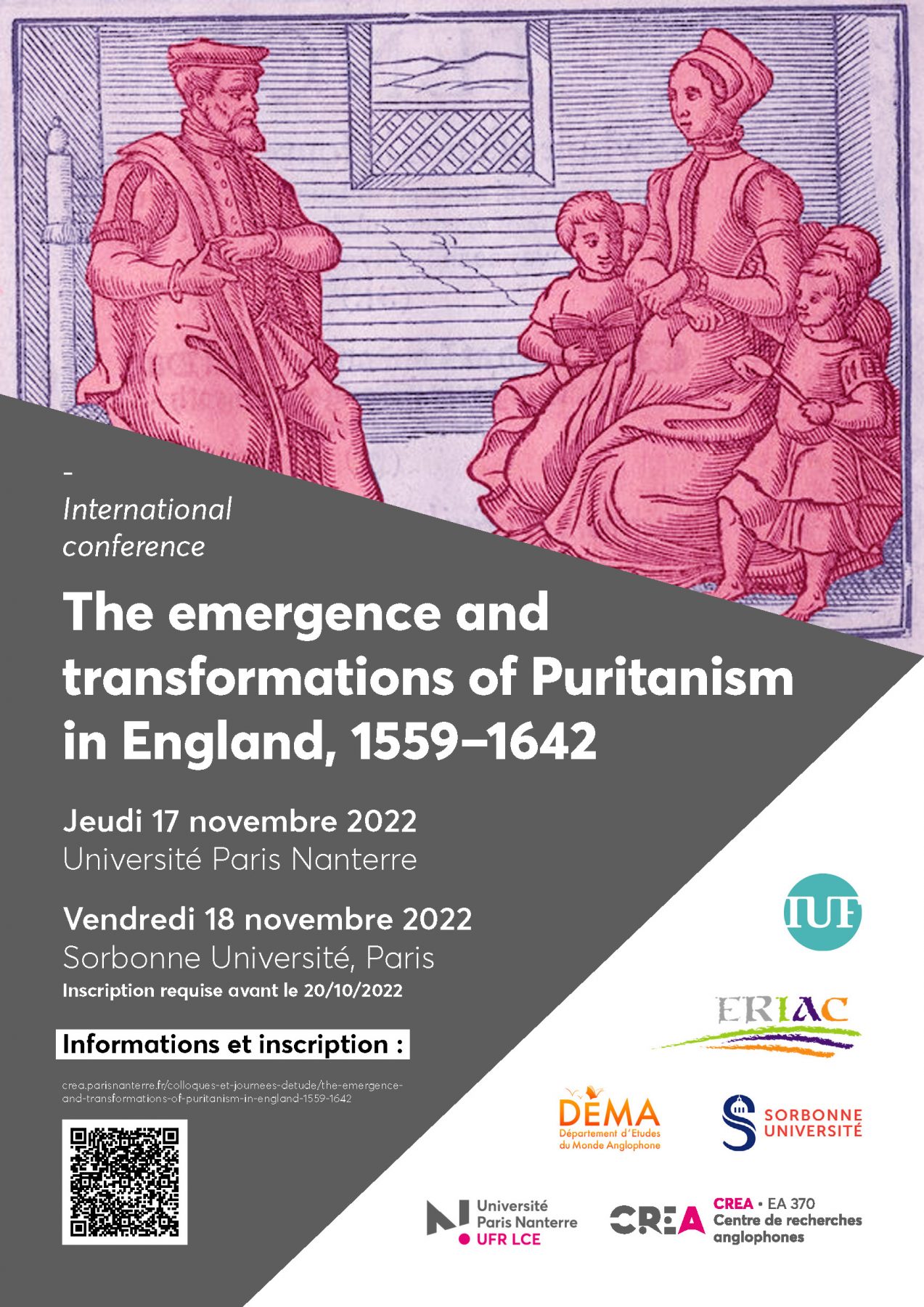 Affiche du colloque "Émergence et transformations du puritanisme en Angleterre, 1559-1642"
