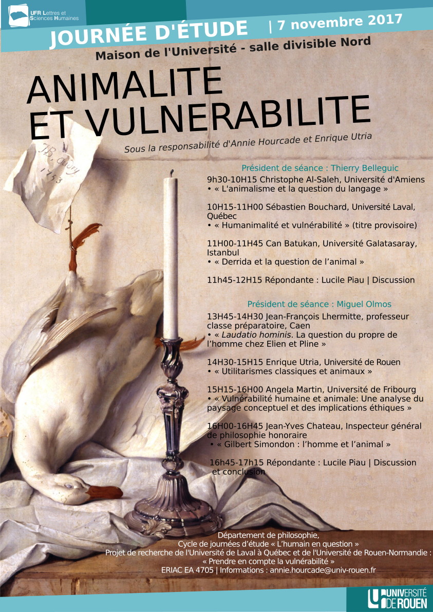 Affiche de la journée d'étude "Animalité et vulnérabilité"