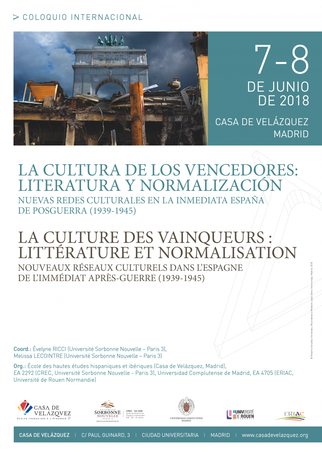 Affiche du colloque "La culture des vainqueurs : littérature et normalisation. Nouveaux réseaux culturels dans l’Espagne de l’immédiat après-guerre (1939-1945)"