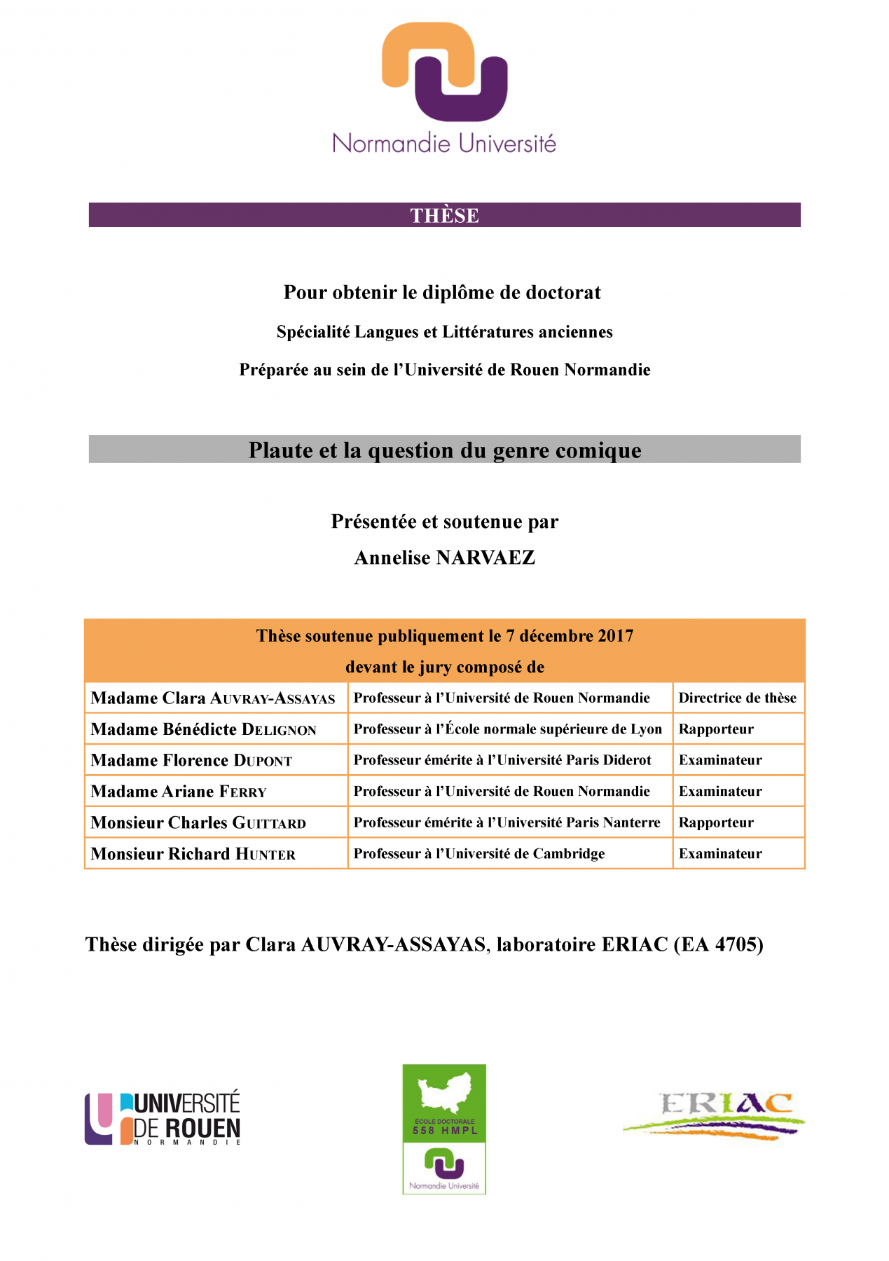 Affiche de la soutenance "Plaute et la question du genre comique"