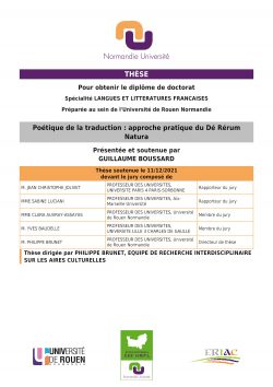 Affiche de la soutenance "Poétique de la traduction : approche pratique du Dé Rérum Natura"
