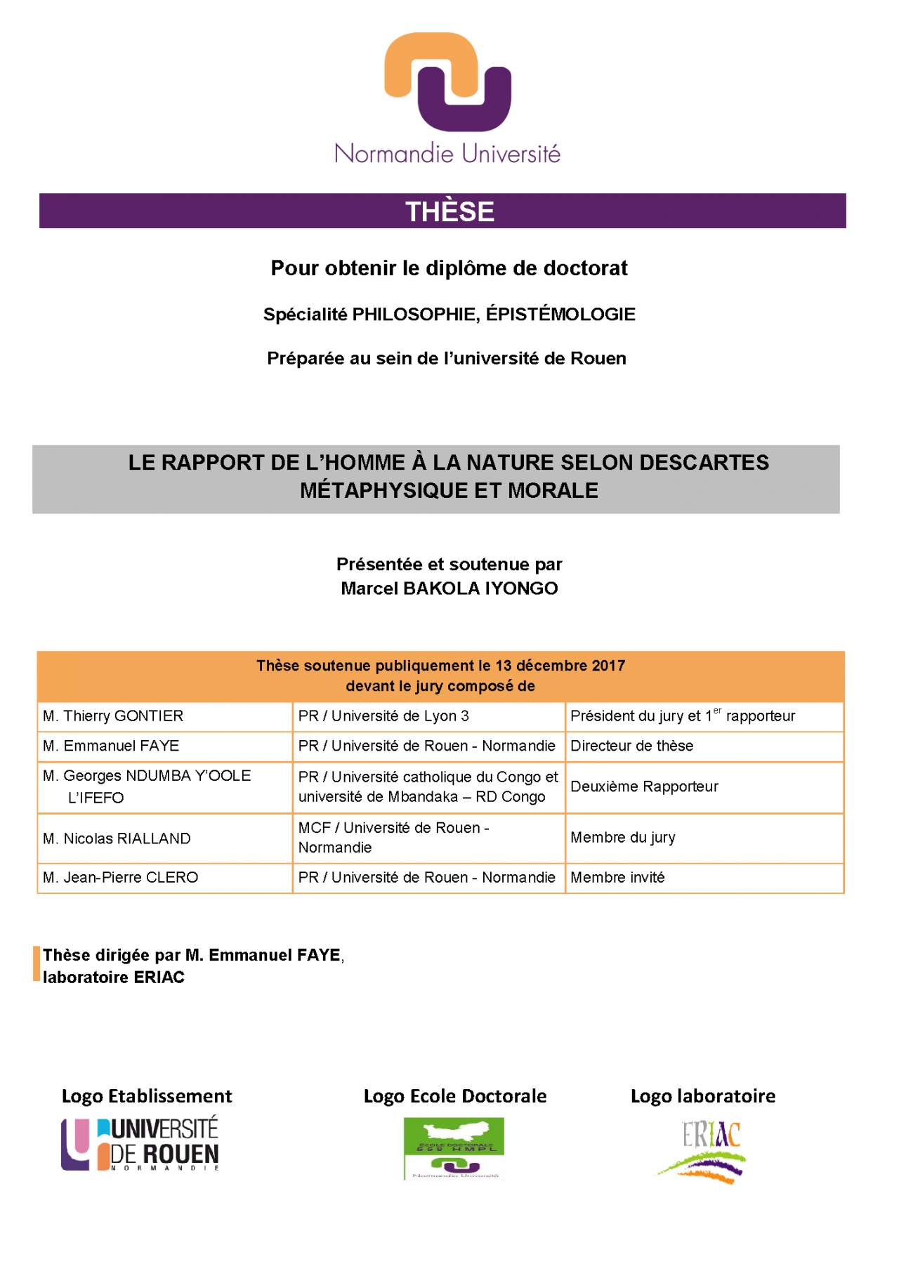Affiche de la soutenance "Le rapport de l’homme à la nature selon Descartes. Métaphysique et morale"