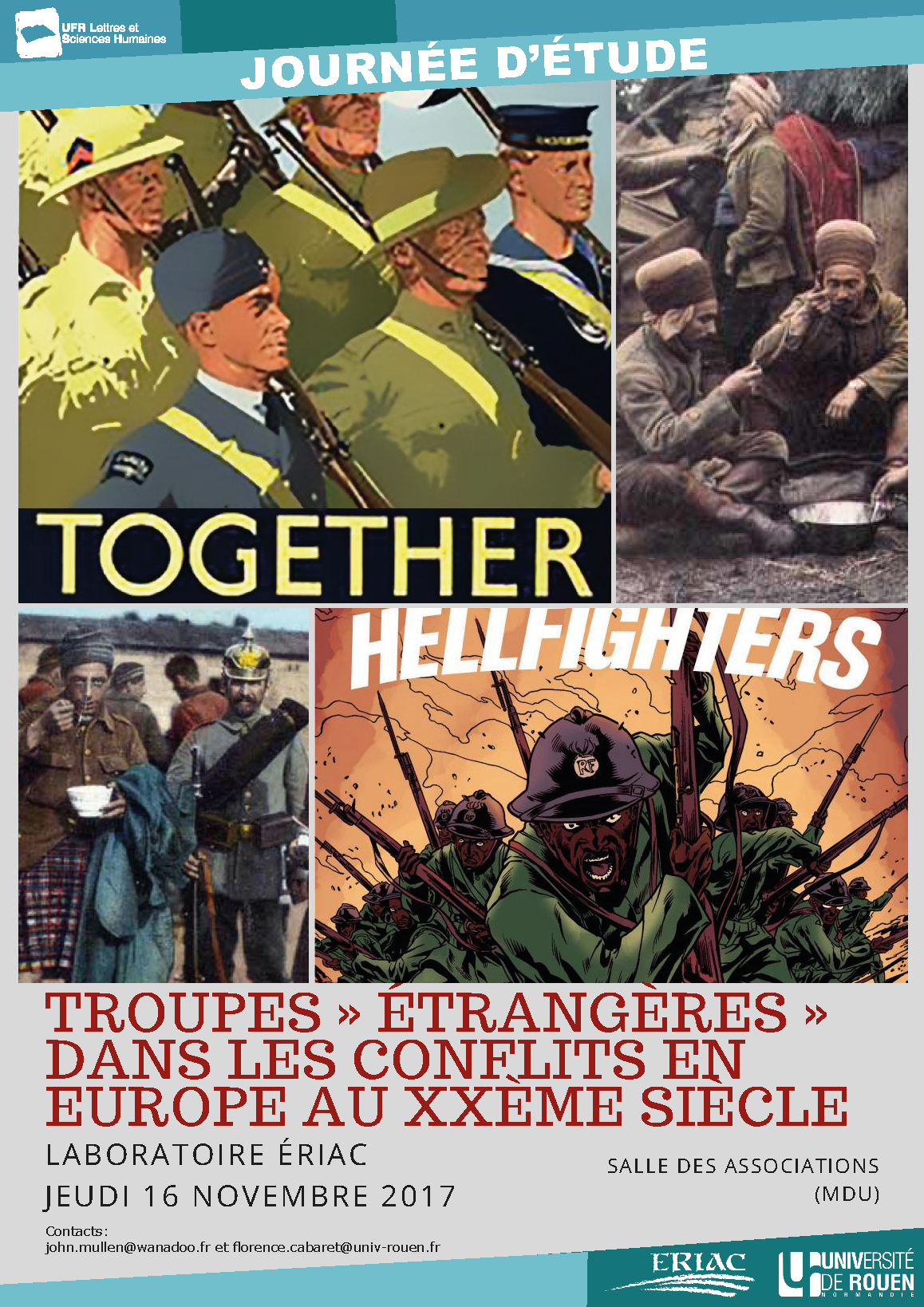 Affiche de la journée d'étude "Troupes « étrangères » dans les conflits en Europe : mémoires, histoire et fiction au XXe siècle"